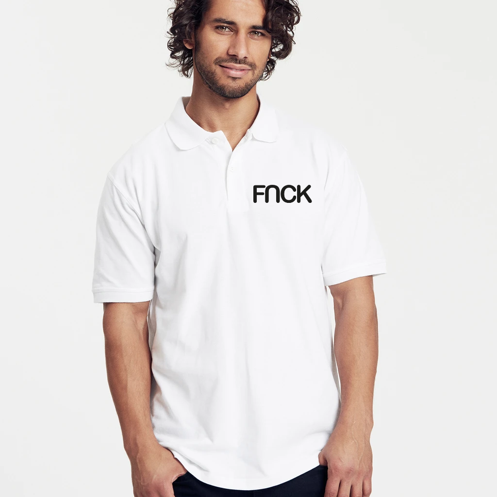 Man wearing a white polo shirt with the black FNCK mark