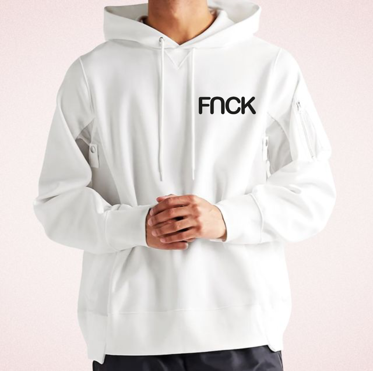 White hoodie with a black FNCK mark